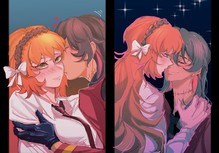 2girls, black_gloves, black_hair, bow, coat, collared_shirt, dante_(limbus_company), eateatcookie