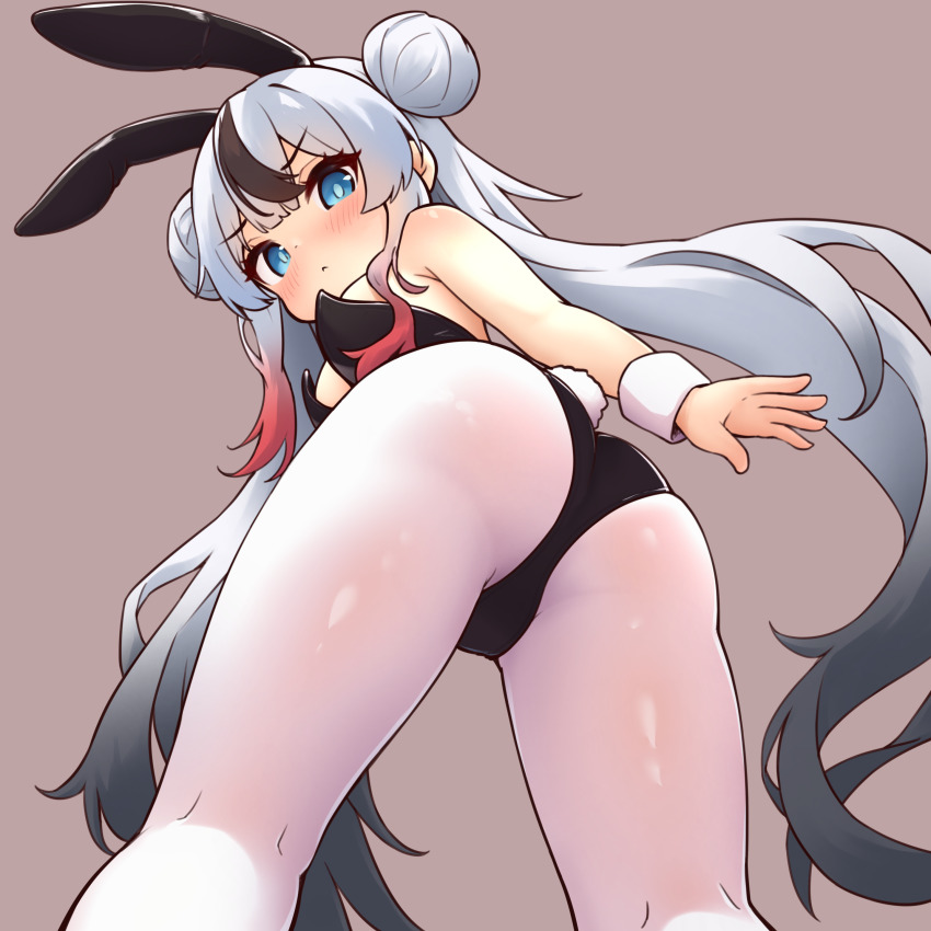 1girl, :<, absurdres, animal_ears, ass, azur_lane, black_leotard, blue_eyes, blush, breasts, brown_background, closed_mouth, commentary_request, double_bun, fake_animal_ears, fake_tail, gradient_hair, grey_hair, hair_bun, highres, l'indomptable_(azur_lane), leotard, long_hair, looking_at_viewer, medium_breasts, multicolored_hair, pantyhose, playboy_bunny, rabbit_ears, rabbit_tail, red_hair, shoboimu, simple_background, solo, strapless, strapless_leotard, tail, very_long_hair, white_pantyhose