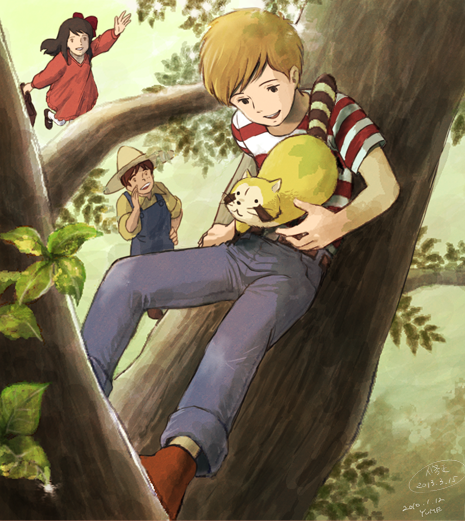 1girl, 2boys, animal, araiguma_rascal, bow, brown_footwear, brown_hair, dated