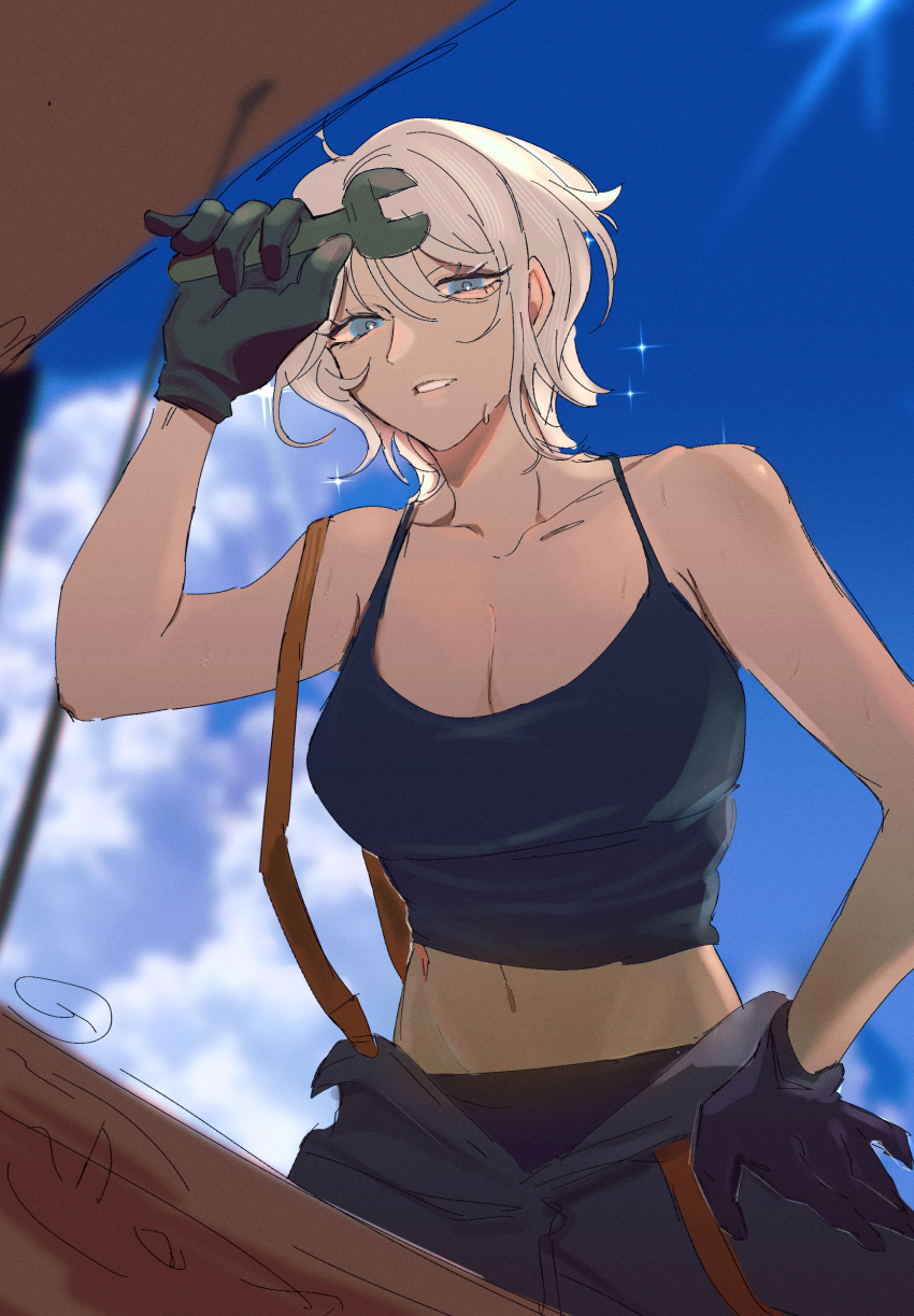 1girl, blue_eyes, eateatcookie, faust_(project_moon), highres, holding, holding_wrench, jumpsuit, limbus_company, looking_at_viewer, mechanic, open_car_hood, pants, project_moon, short_hair, solo, tank_top, tools, white_hair, wrench