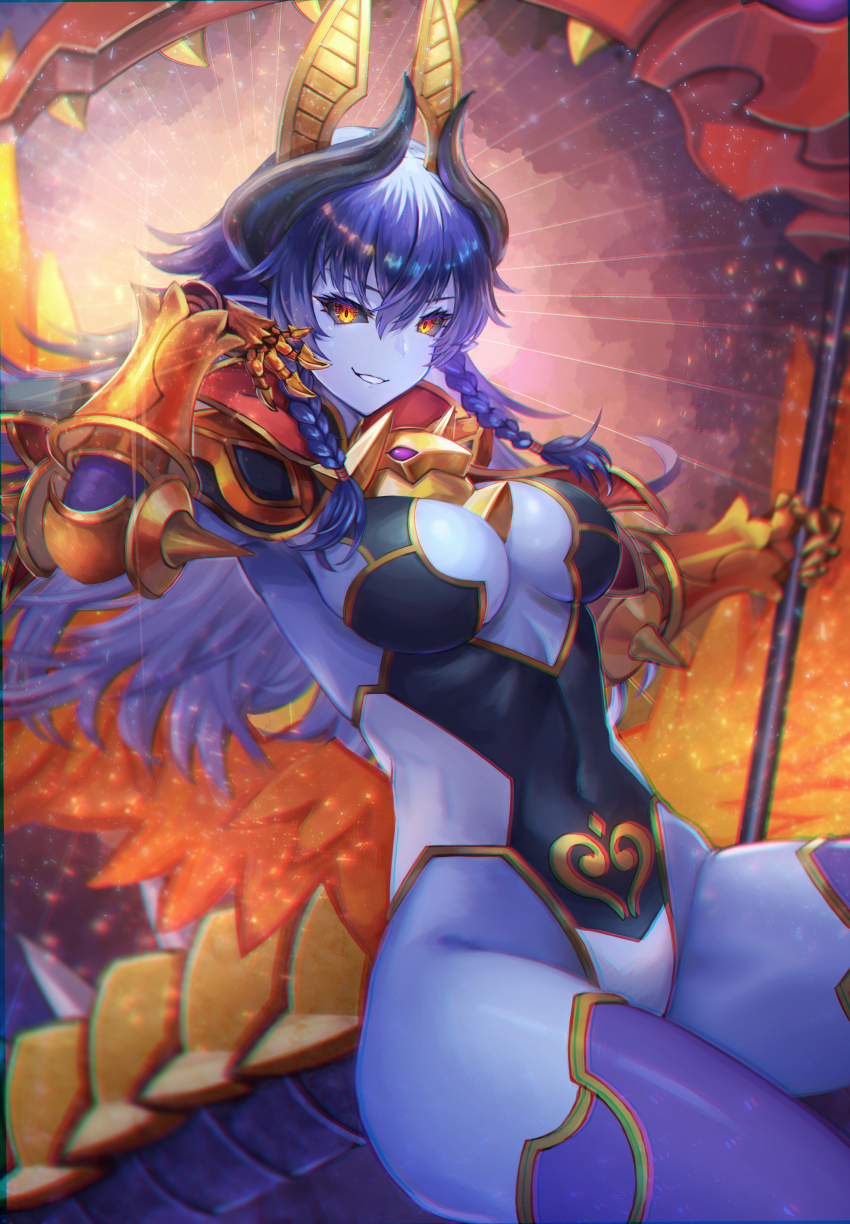 1girl, absurdres, black_sclera, blue_hair, blue_skin, braid, breasts, center_opening