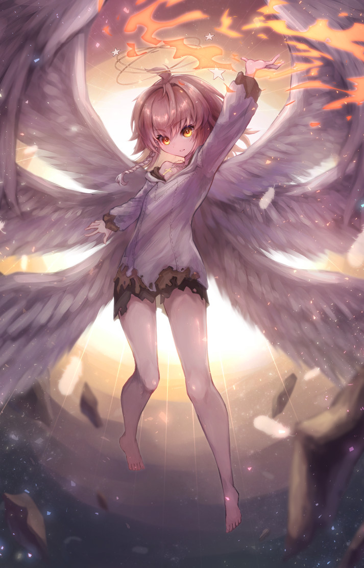 1girl, ahoge, angel_wings, arm_up, barefoot, blonde_hair, commission, cross