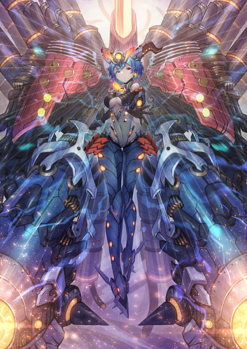 1girl, absurdres, bare_shoulders, blue_hair, breasts, dragon_girl, dragon_horns, duel_masters