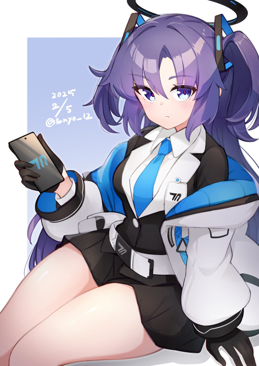 1girl, absurdres, belt, black_gloves, black_halo, black_skirt, blue_archive, blue_necktie, breasts, gloves, hair_ornament, halo, highres, id_card, long_hair, looking_at_viewer, mechanical_halo, medium_breasts, miniskirt, necktie, pleated_skirt, purple_eyes, purple_hair, sitting, skirt, solo, tanyou, triangle_hair_ornament, two_side_up, white_belt, yuuka_(blue_archive)