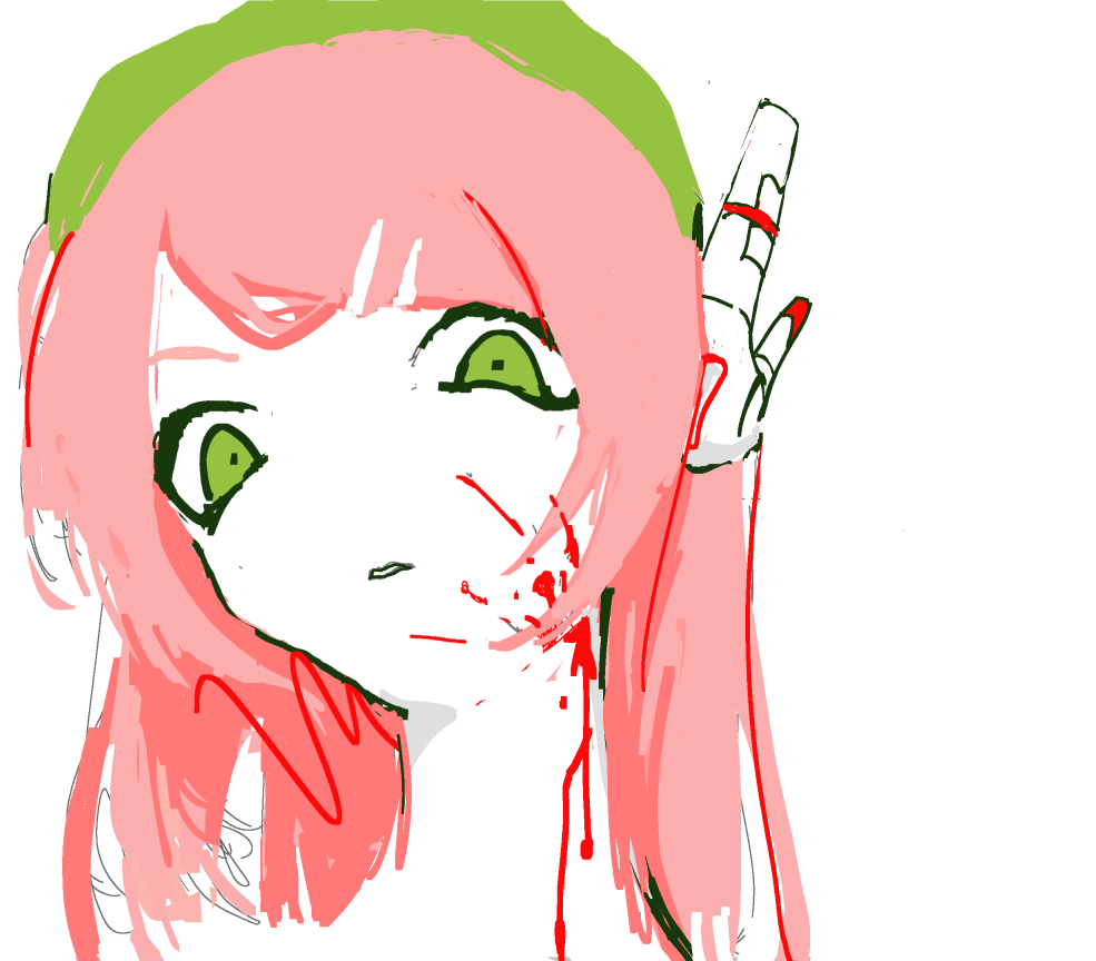 1girl, beret, blood, blood_on_face, blood_splatter, commentary, cropped_shoulders, green_eyes