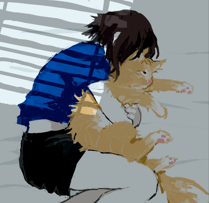 1girl, animal, animal_hug, black_hair, black_shorts, blue_shirt, cat, commentary, covered_face, english_commentary, feet_out_of_frame, from_above, head_down, holding, holding_animal, holding_cat, indoors, jelly_(sferics32), lying, midriff_peek, on_bed, on_side, original, shirt, short_hair, short_shorts, short_sleeves, shorts, solo, t-shirt, window_shadow