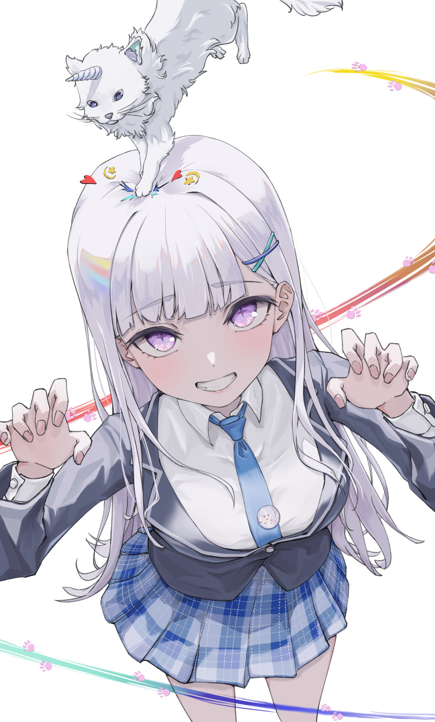 1girl, absurdres, arnyang_(ayatsuno_yuni), ayatsuno_yuni, blue_necktie, blush, cat, grey_hair