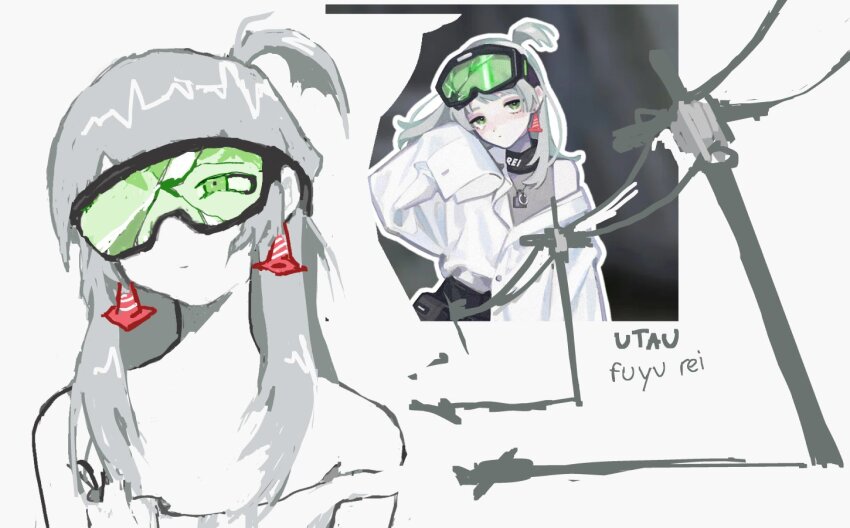1girl, alternate_costume, broken_eyewear, character_name, closed_mouth, commentary, dress_shirt, earrings, english_commentary, expressionless, fuyuu_rei, goggles, green-tinted_eyewear, green_eyes, grey_hair, jelly_(sferics32), jewelry, long_hair, looking_to_the_side, multiple_views, official_art_inset, one_side_up, power_lines, shirt, shirt_partially_tucked_in, simple_background, single_bare_shoulder, sleeveless, sleeveless_shirt, strap_slip, tinted_eyewear, traffic_cone, utau, utility_pole, white_background, white_shirt