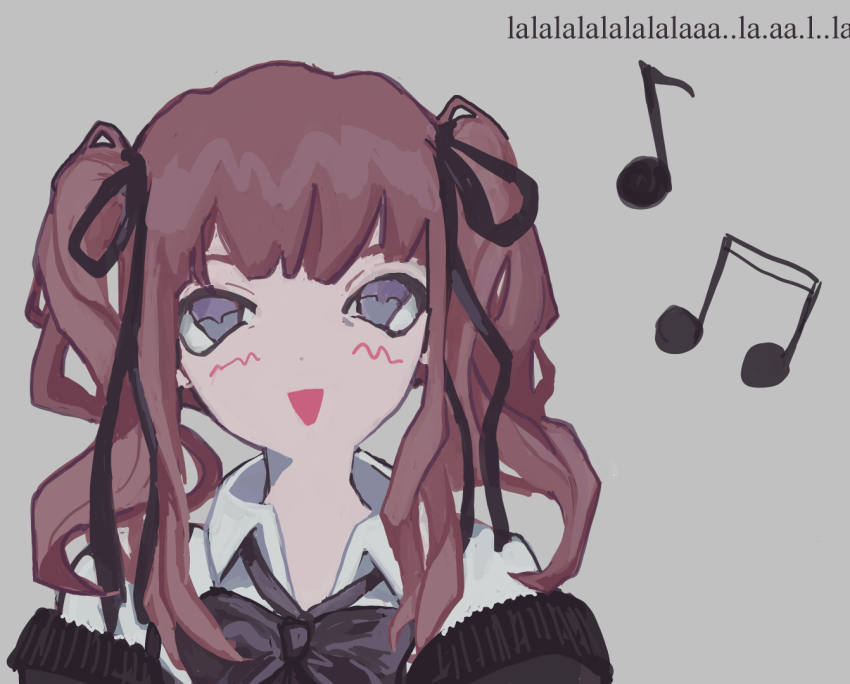 1girl, black_ribbon, blush, bow, bowtie, brown_hair, brown_sweater, cevio