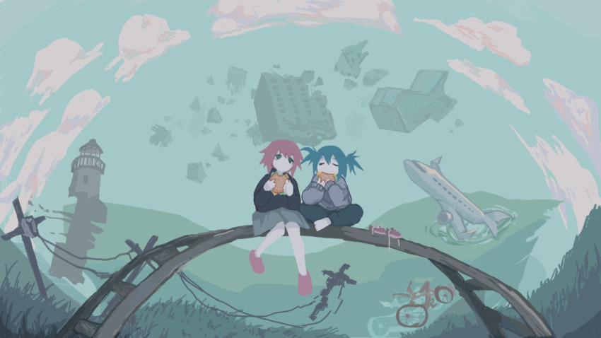 2girls, aircraft, airplane, apocalypse, barefoot, bicycle, black_pants, black_shirt
