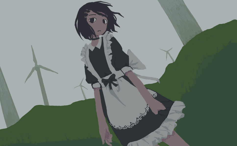 1girl, apron, arms_at_sides, black_choker, black_dress, black_eyes, black_hair, choker