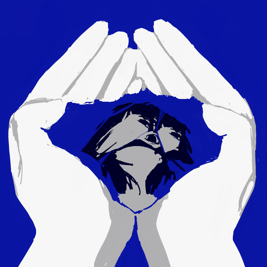 1girl, black_eyes, black_hair, blue_background, colored_skin, commentary, cupping_hands, english_commentary