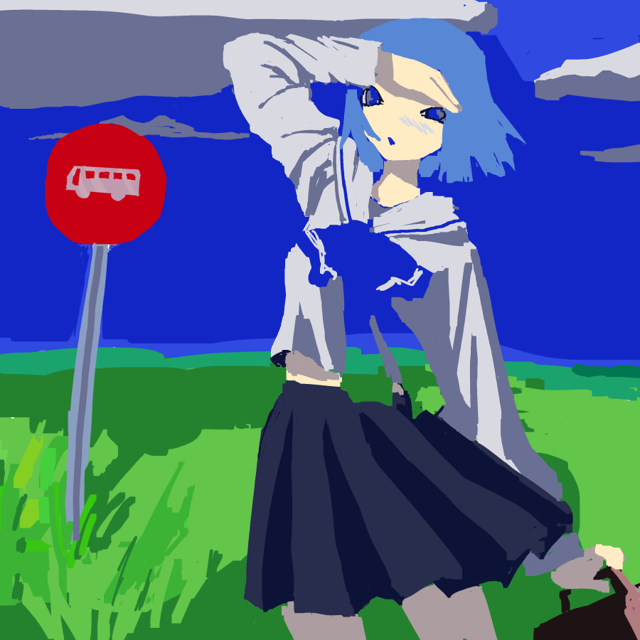 1girl, arm_at_side, arm_up, bag, black_skirt, blue_blush, blue_eyes, blue_hair