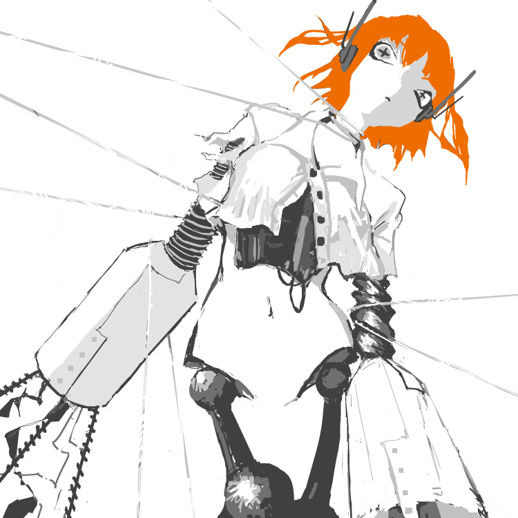 1girl, :<, android, arms_at_sides, breasts, cable, commentary, cropped_shirt, cross-shaped_pupils, drill_hand, greyscale, jelly_(sferics32), joints, mechabare, mechanical_arms, mechanical_legs, medium_breasts, medium_hair, monochrome, navel, orange_hair, original, partially_unbuttoned, restrained, robot, robot_ears, robot_joints, shirt, short_sleeves, simple_background, solo, spot_color, untranslatable_commentary, symbol-shaped_pupils, torn_clothes, torn_shirt, two_side_up, wire, wire_around_neck