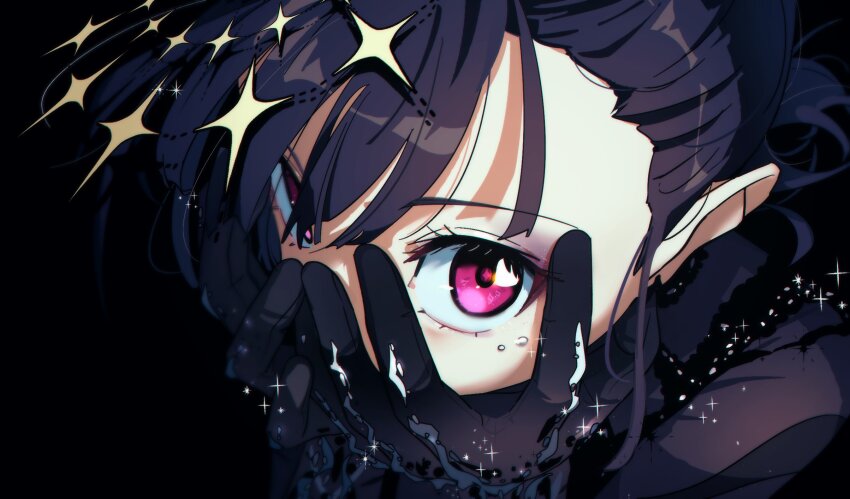 1girl, black_background, black_gloves, black_hair, black_shirt, close-up, gloves, hands_on_own_face