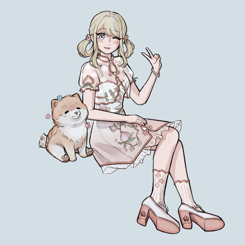 1girl, ankle_socks, arm_cutout, beads, blonde_hair, blue_background, blue_eyes, blue_flower