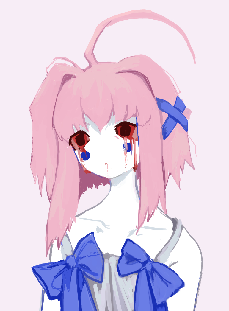 1girl, ahoge, black_eyes, bleeding, blood, blood_from_mouth, bloody_tears, blue_blush