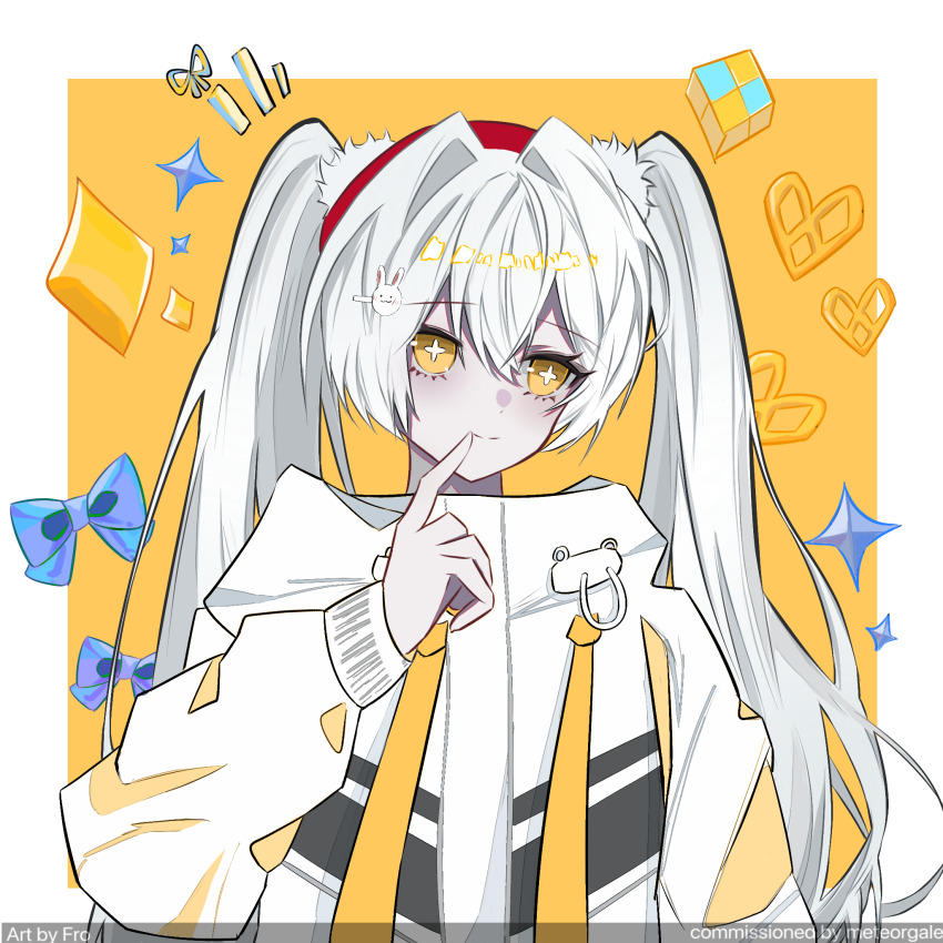 1girl, blue_bow, bow, closed_mouth, colored_skin, commission, cross-shaped_pupils, francis_cairo