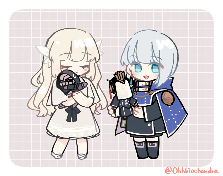 2girls, black_jacket, blue_cloak, blue_eyes, blue_hair, blush, character_doll, chibi, cloak, closed_eyes, commentary_request, doll, dress, ender_lilies_quietus_of_the_knights, ender_magnolia_bloom_in_the_mist, full_body, highres, jacket, lilac_(ender_magnolia), lily_(ender_lilies), long_hair, multiple_girls, nola_(ender_magnolia), ohhiochandra, short_hair, smile, umbral_knight_(ender_lilies), white_dress, white_hair