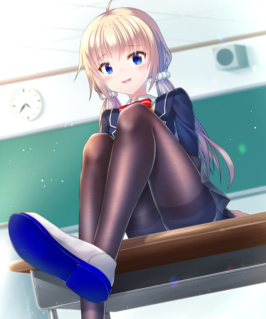 1girl, absurdres, ahoge, analog_clock, arm_support, black_skirt, blonde_hair, blue_eyes
