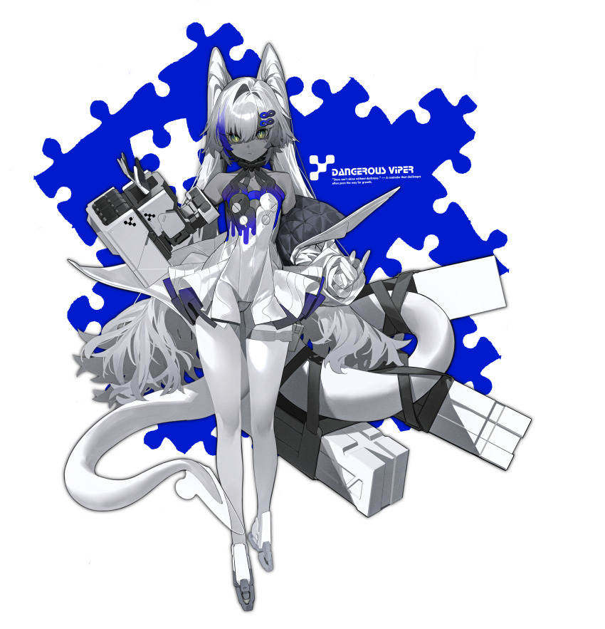 1girl, absurdres, amoeba_yuanchong, asymmetrical_clothes, bare_shoulders, blue_hair, colored_skin, dress, expressionless, facial_tattoo, flat_chest, full_body, gauntlets, gloves, green_eyes, grey_skin, hair_ornament, hairclip, hand_up, highres, infinity_symbol, leg_belt, long_eyelashes, long_hair, mechanical_boots, multicolored_hair, original, pantyhose, puzzle_piece, puzzle_piece_background, radiation_symbol, single_gauntlet, skirt, snake_tail, solo, spot_color, staring, streaked_hair, suitcase, tail, tail_strap, tattoo, transparent_background, very_long_hair, white_dress, white_hair, white_tail