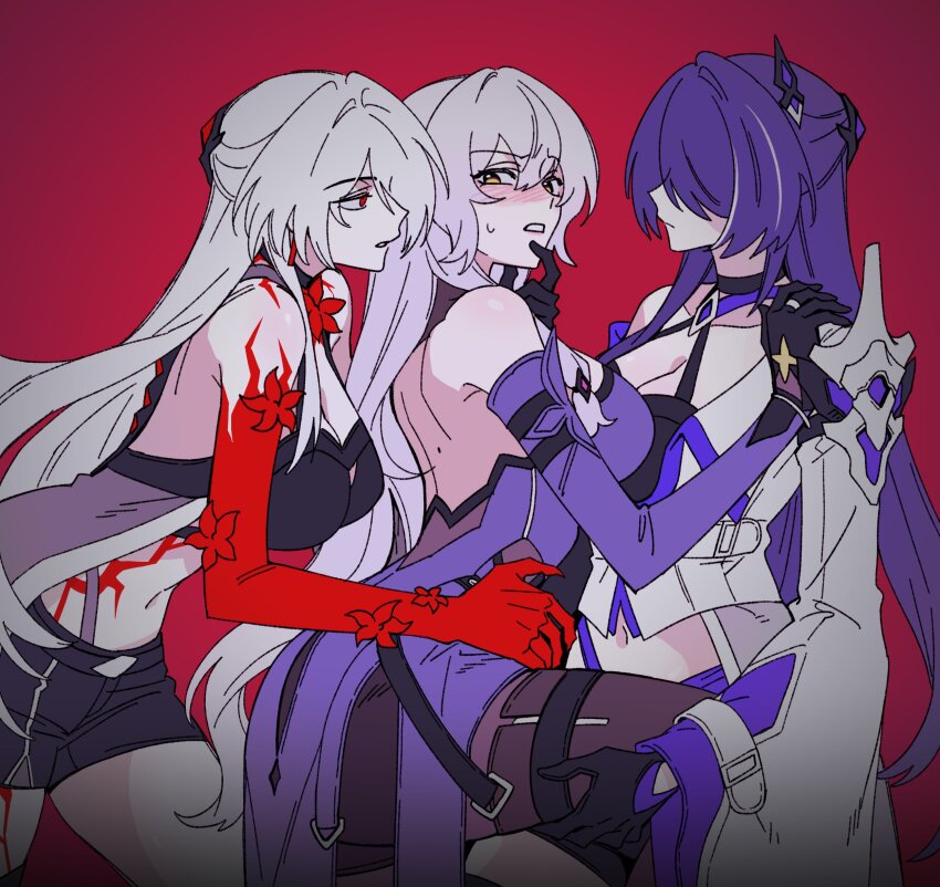 2girls, acheron_(honkai:_star_rail), backgun, bare_shoulders, black_gloves, black_swan_(honkai:_star_rail), breasts, chain, chain_around_arm, cleavage, coat, couple, detached_sleeves, dress, dual_persona, elbow_gloves, gloves, hair_spread_out, highres, honkai:_star_rail, honkai_(series), large_breasts, long_hair, mole, mole_on_back, multiple_girls, official_alternate_color, pantyhose, purple_dress, purple_eyes, purple_gloves, purple_hair, purple_sleeves, single_wide_sleeve, very_long_hair, white_coat, yellow_eyes, yuri