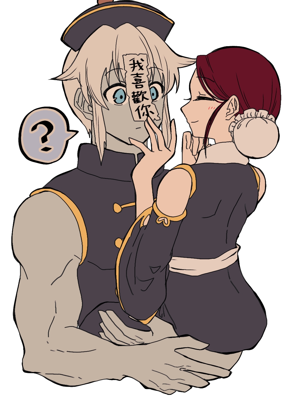 1boy, 1girl, blue_eyes, brown_hair, bun_cover, carrying, carrying_person, china_dress, chinese_clothes, closed_eyes, colored_skin, detached_sleeves, dress, facing_another, grey_skin, highres, mui_(undead_unluck), ofuda, sakakiryou, shen_(undead_unluck), simple_background, undead_unluck, white_background, white_hair