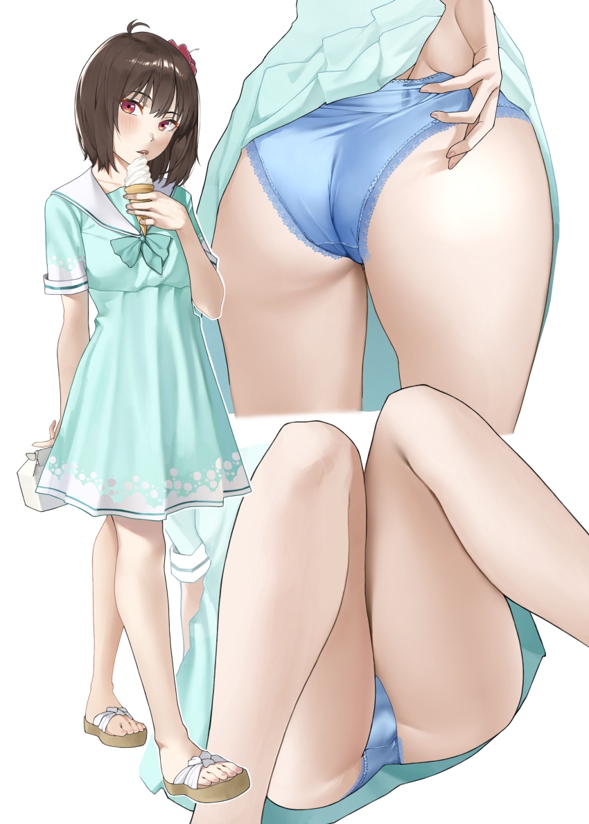 1girl, absurdres, adjusting_clothes, adjusting_panties, ahoge, aqua_dress, ass, blue_panties