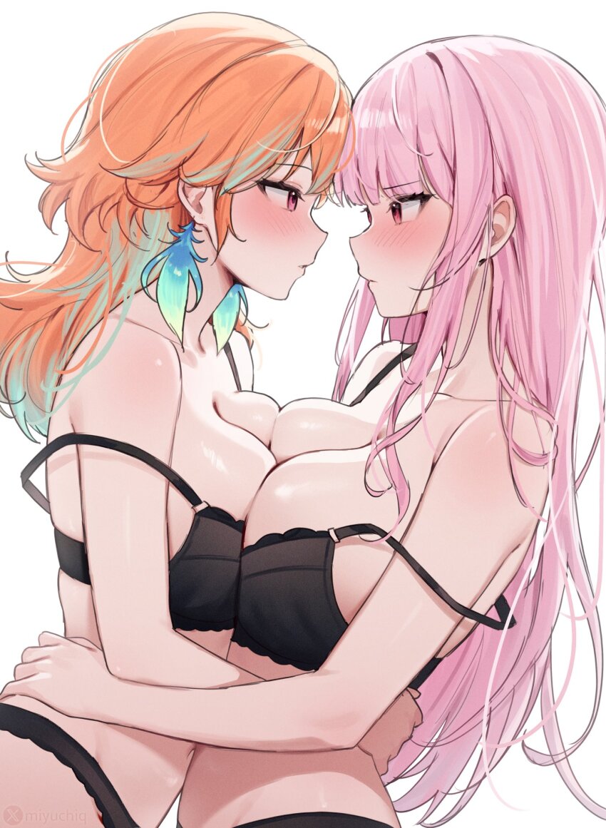 2girls, aqua_feathers, black_bra, black_panties, blunt_bangs, blush, bra, breast_press