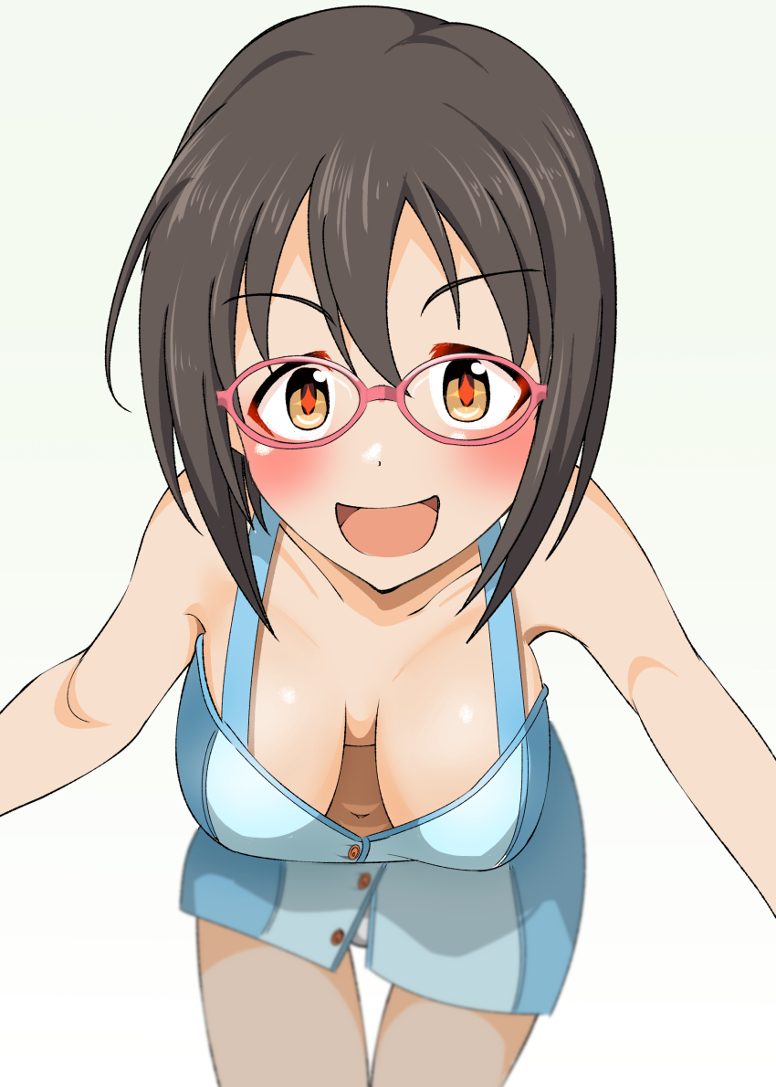1girl, absurdres, blue_dress, blush, breasts, brown_eyes, brown_hair, downblouse