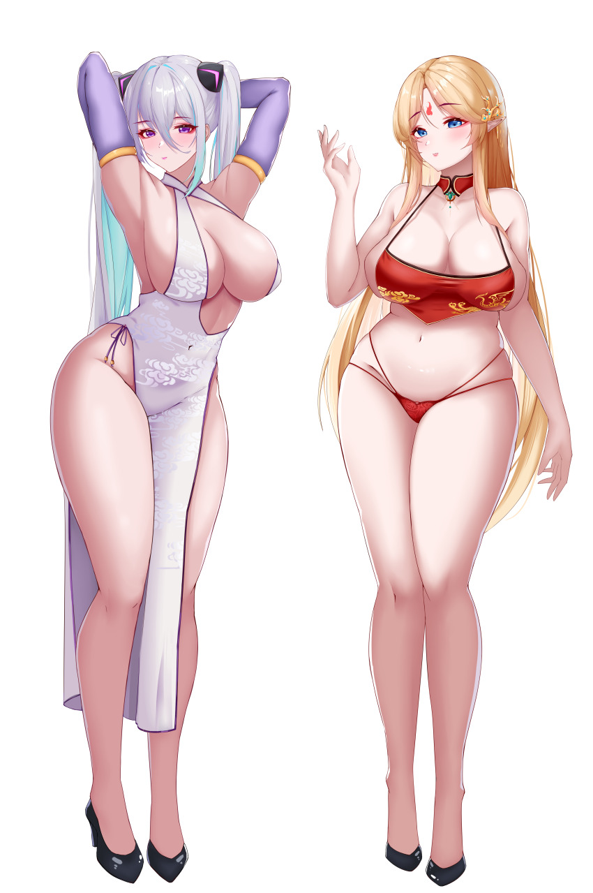 2girls, absurdres, armpits, arms_up, azur_lane, bare_legs, bare_shoulders, bikini