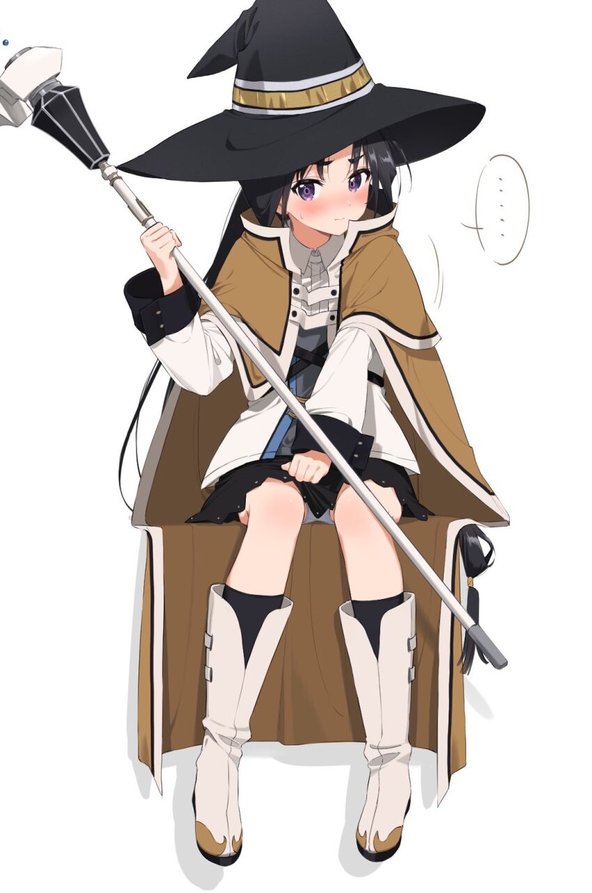..., 1boy, agetapan_ll, androgynous, black_hair, black_skirt, black_socks, blush, boots, brown_cloak, cloak, collared_shirt, commentary, cosplay, embarrassed, full_body, hat, highres, holding, holding_staff, houjou_tokiyuki_(nige_jouzu_no_wakagimi), kneehighs, long_hair, long_sleeves, looking_at_viewer, low-tied_long_hair, mage_staff, male_focus, mushoku_tensei, nose_blush, panties, pantyshot, parted_bangs, purple_eyes, roxy_migurdia, roxy_migurdia_(cosplay), shirt, simple_background, sitting, skirt, socks, solo, speech_bubble, spoken_ellipsis, staff, trap, underwear, upskirt, very_long_hair, white_background, white_boots, white_panties, witch_hat