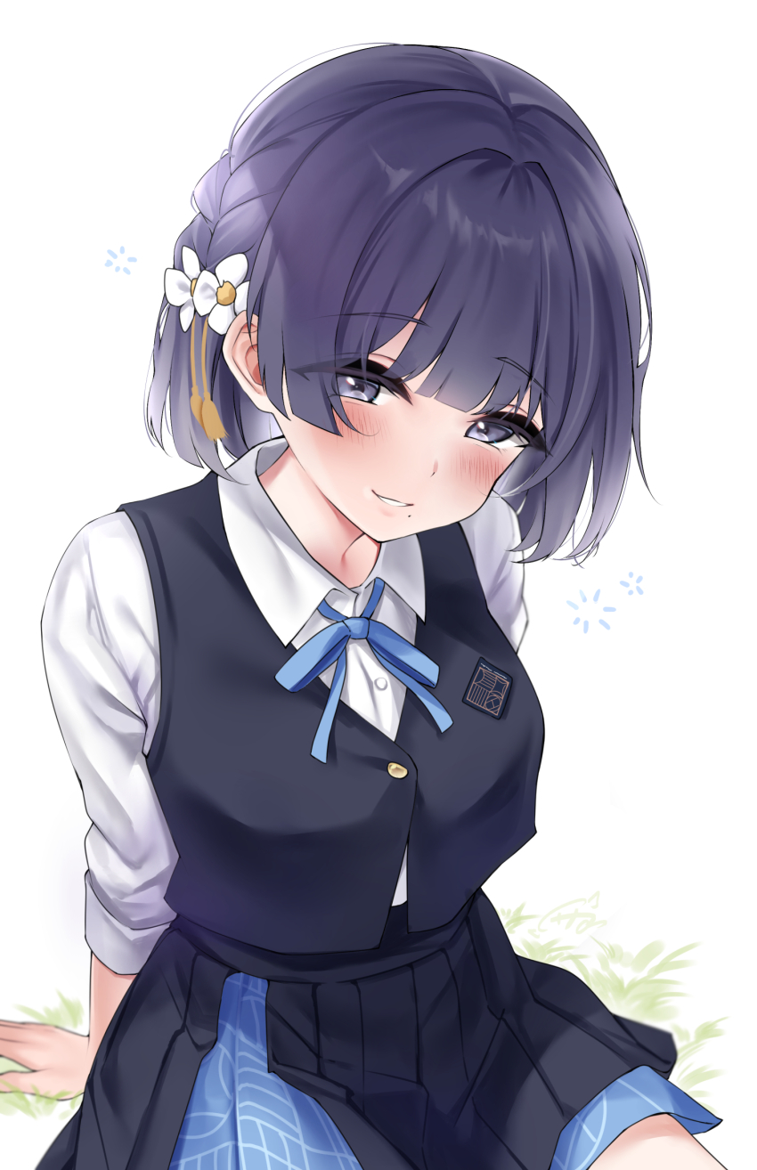 1girl, aamesawaa, arm_support, black_overskirt, black_vest, blue_ribbon, blue_skirt, blush