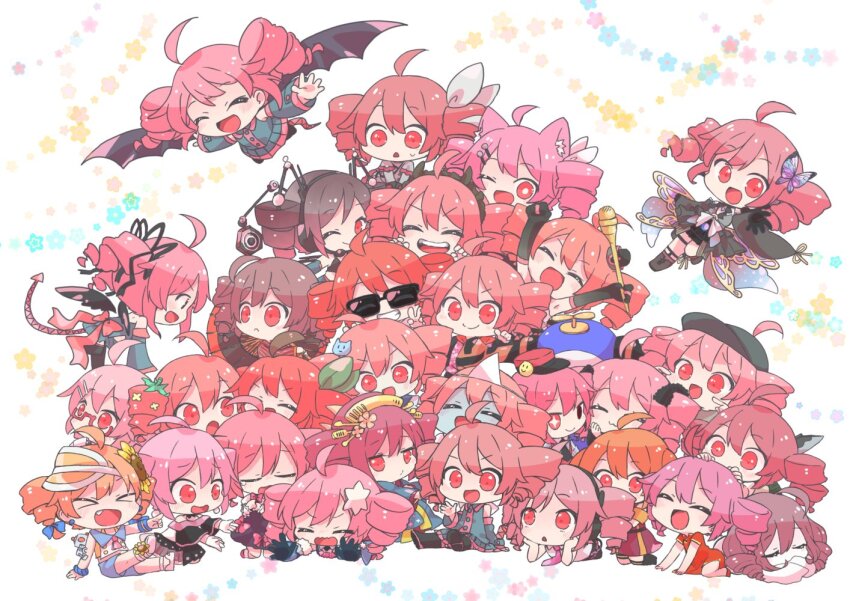 6+girls, :3, ahoge, annotation_request, aqua_kimono, bandaged_head, bandages, belt