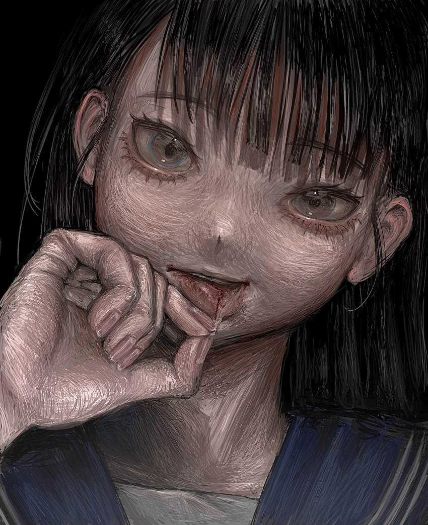 1girl, 31llust, absurdres, black_hair, blood, blue_sailor_collar, brown_eyes, fingernails