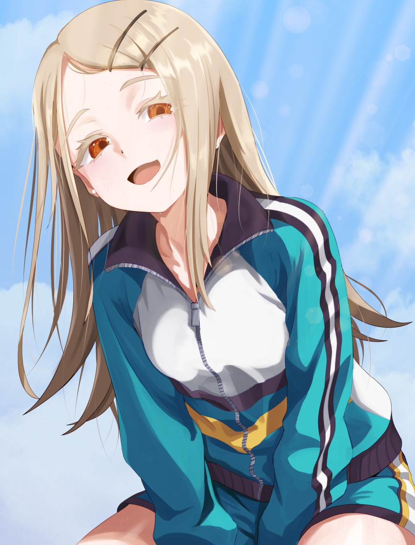 1girl, arms_between_legs, blonde_hair, colored_eyelashes, earrings, flipped_hair, gakuen_idolmaster, green_shorts