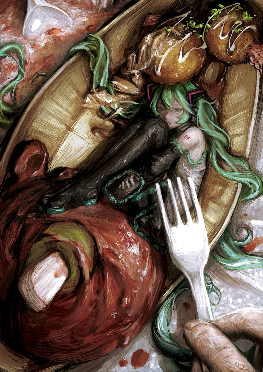 1girl, 1other, 31llust, absurdres, black_footwear, black_sleeves, boots, bowl, detached_sleeves, fetal_position, food, fork, green_hair, hair_ornament, hatsune_miku, highres, holding, holding_fork, in_food, long_hair, long_sleeves, looking_at_viewer, lying, mini_person, minigirl, on_side, shirt, sleeveless, sleeveless_shirt, solo_focus, twintails, very_long_hair, vocaloid