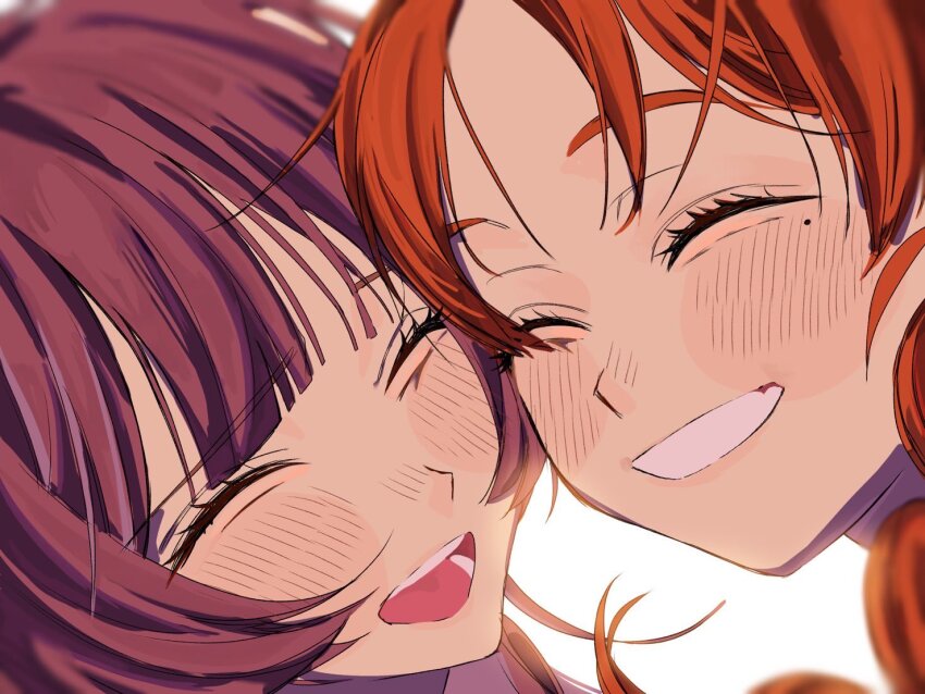 2girls, :d, ^_^, blunt_bangs, blush, cheek-to-cheek, close-up, closed_eyes