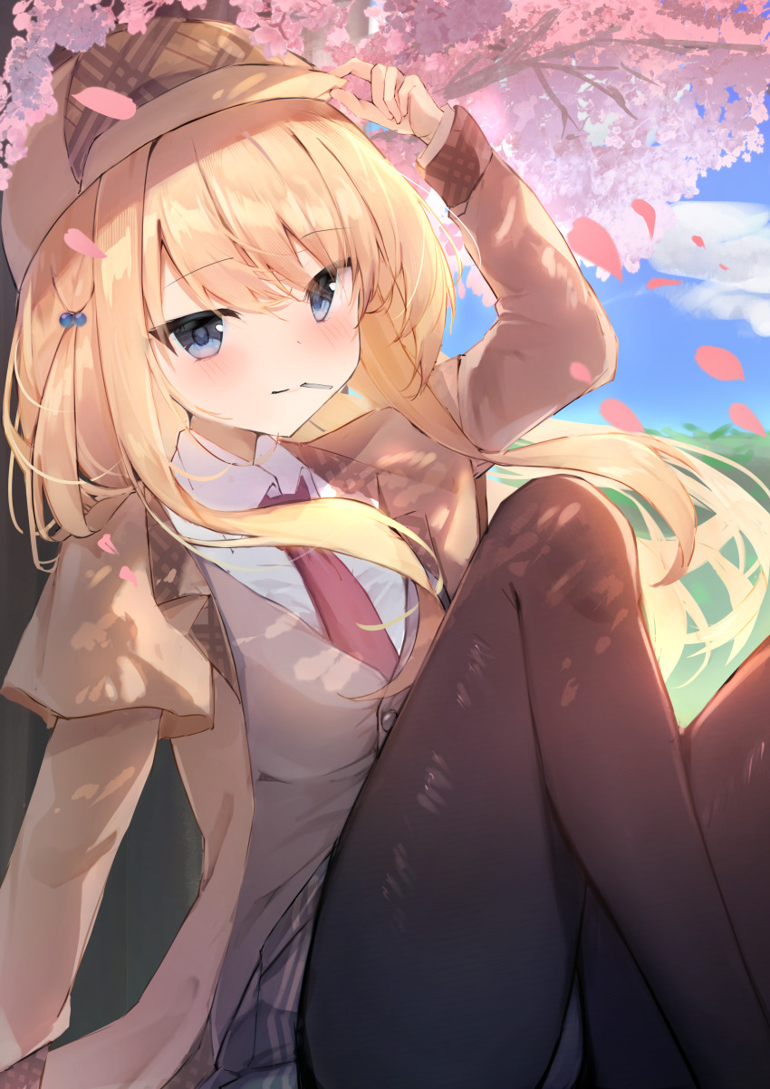 1girl, absurdres, against_tree, black_pantyhose, blonde_hair, blue_eyes, brown_hat, brown_jacket