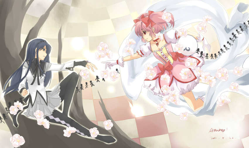 2girls, akemi_homura, akemi_homura_(magical_girl), anthony_(madoka_magica), black_hair, fine_art_parody, flower, gloves