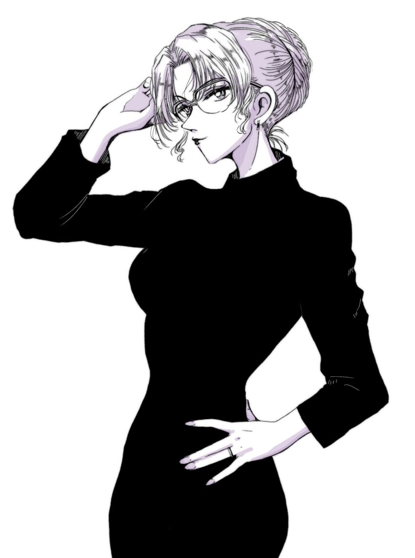1girl, closed_mouth, commentary, cowboy_shot, dress, glasses, greyscale, hair_bun, hand_on_own_hip, highres, jewelry, kisaki_eri, lone_nape_hair, long_sleeves, meitantei_conan, monochrome, ring, rio_raspberry, sidelocks, simple_background, smile, solo, turtleneck, white_background