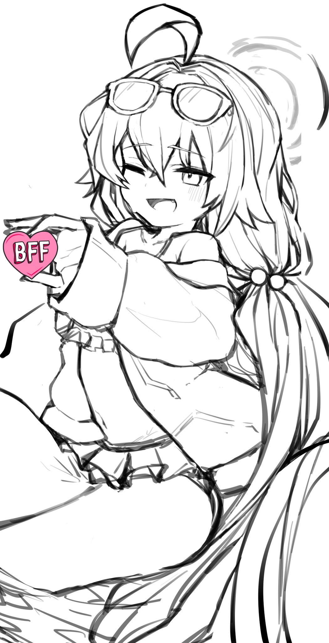 1girl, antenna_hair, bikini, blue_archive, blush, greyscale, halo, highres, hoshino_(blue_archive), hoshino_(swimsuit)_(blue_archive), jacket, long_hair, monochrome, one_eye_closed, sababa, sitting, solo, sunglasses, swimsuit, twitter