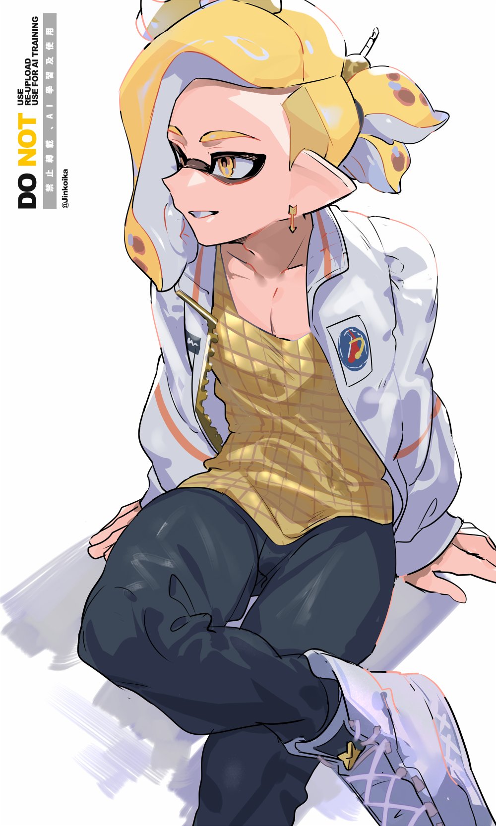 1girl, black_pants, blonde_hair, crossed_legs, ed_(jinko), highres, inkling_girl, inkling_player_character