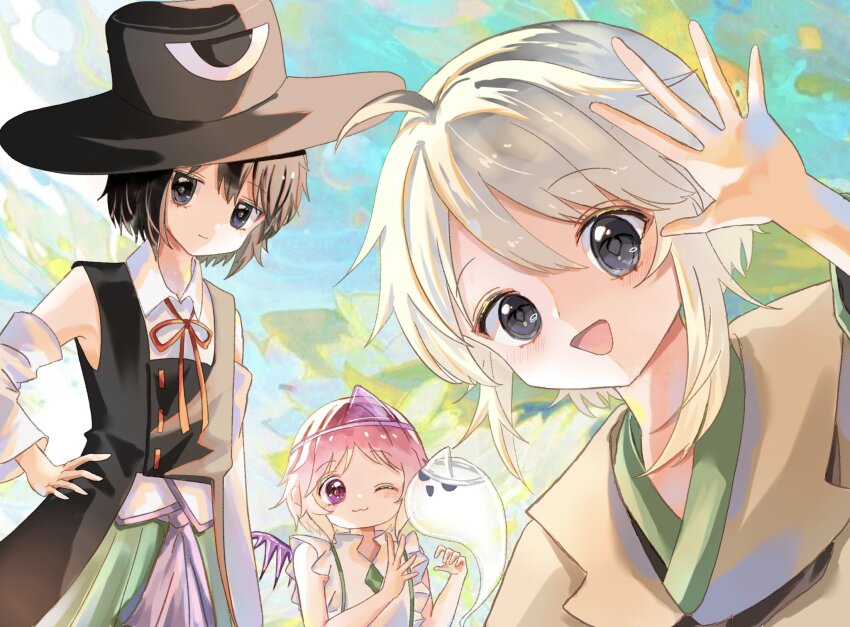 3others, ;3, ahoge, androgynous, ascot, bare_shoulders, black_coat, black_eyes