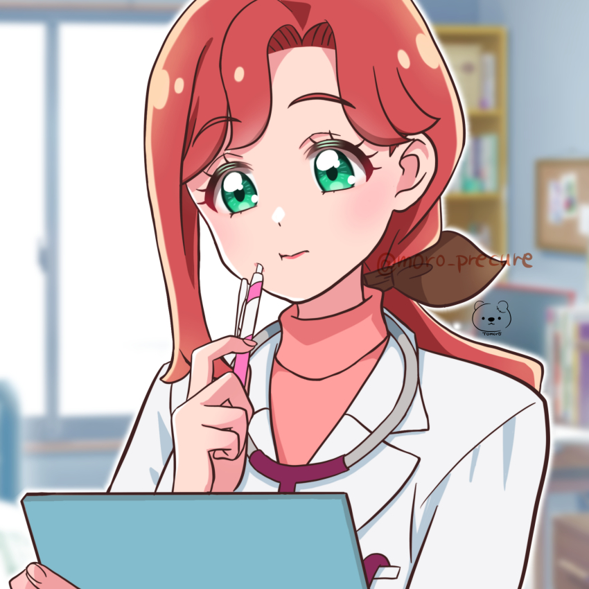 1girl, artist_logo, artist_name, blush, book, bookshelf, bow, brown_bow