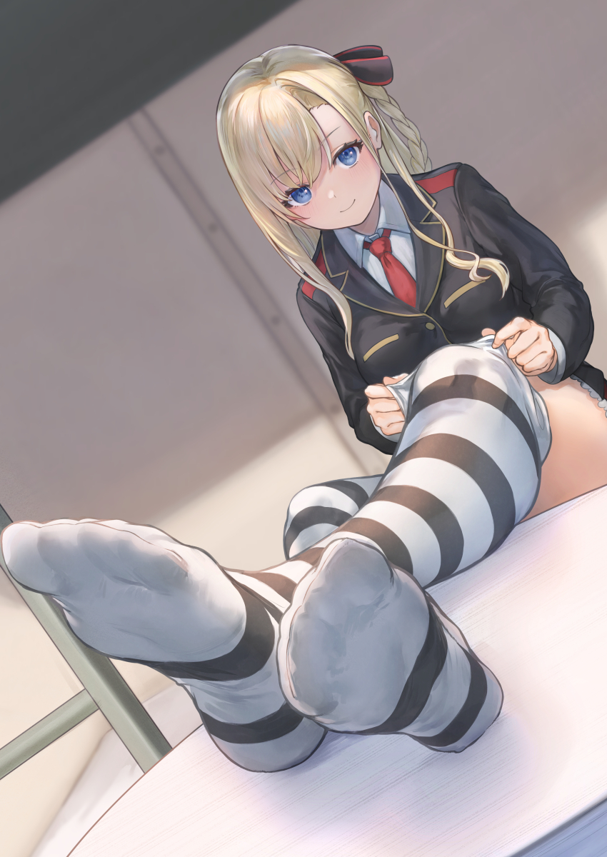 1girl, absurdres, adjusting_clothes, adjusting_legwear, black_jacket, black_ribbon, blonde_hair, blue_eyes