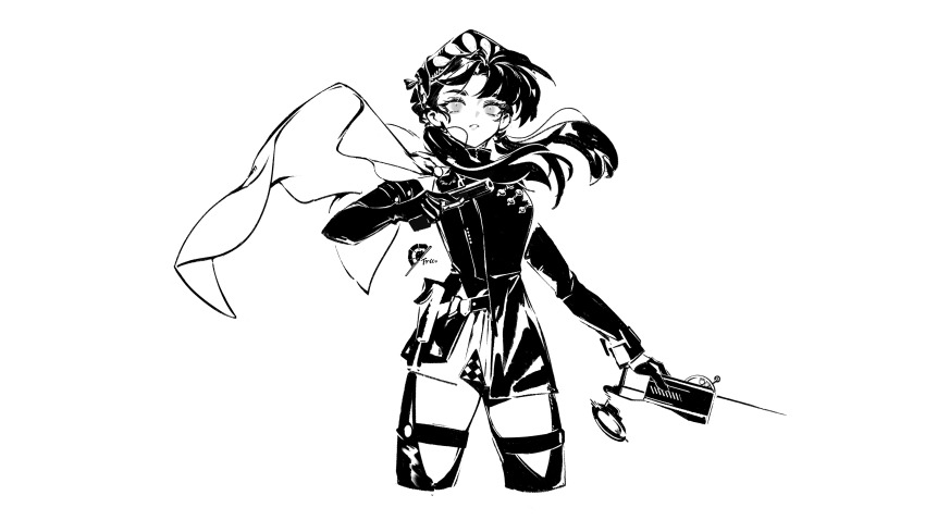 1girl, absurdres, artist_name, asymmetrical_gloves, beret, boots, cellphone, chinstrap