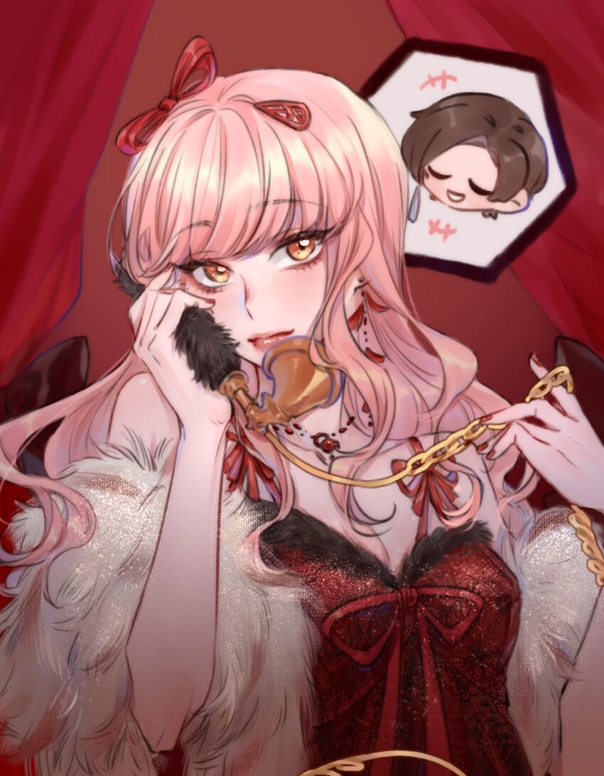 +_+, 1boy, 1girl, binglanxianqi, blunt_bangs, breasts, brown_hair, cleavage