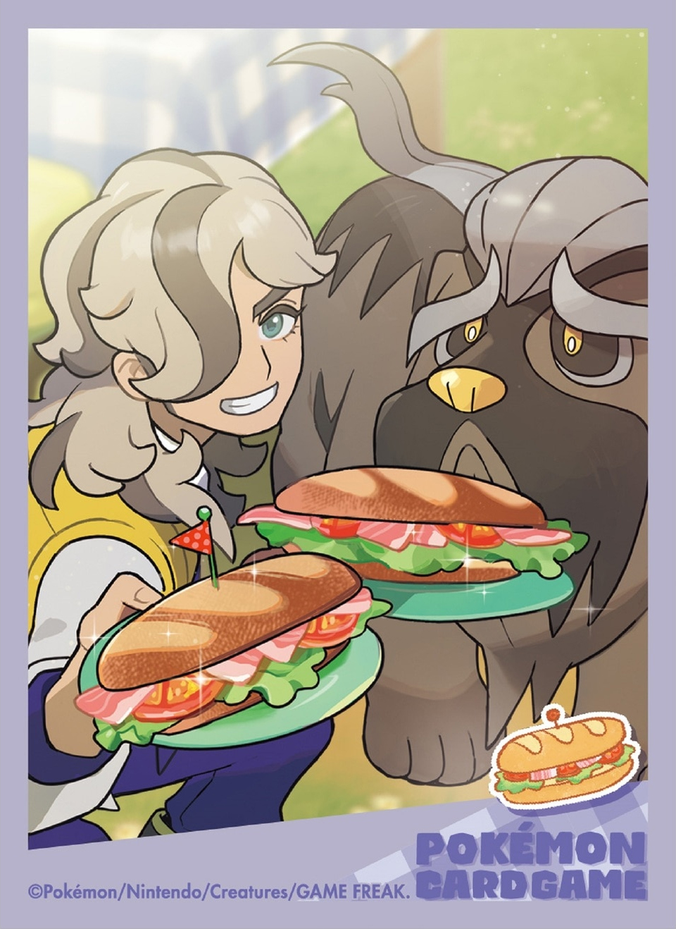 1boy, arven_(pokemon), bacon, border, brown_hair, closed_mouth, copyright_name, copyright_notice, eyelashes, flag, food, green_eyes, hair_over_one_eye, highres, holding, holding_plate, lettuce, long_hair, mabosstiff, nintendo, official_art, pants, plate, pokemon, pokemon_(creature), pokemon_scarlet_and_violet, pokemon_tcg, purple_border, purple_pants, sandwich, school_uniform, shirt, smile, sparkle, teeth, third-party_source, tomato, tomato_slice, uva_academy_school_uniform, vest, white_shirt, yellow_eyes, yellow_vest