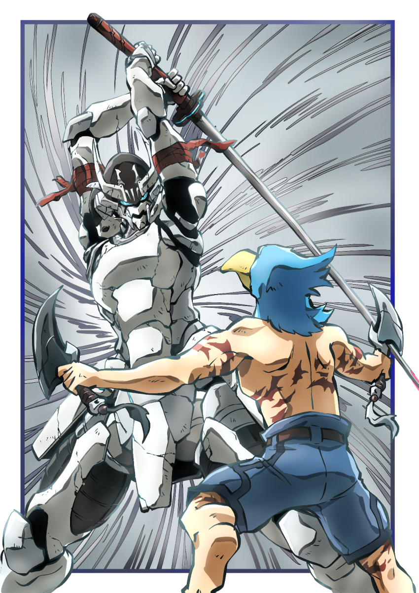 2boys, armor, arms_up, belt, dual_wielding, fighting, full_armor, helmet